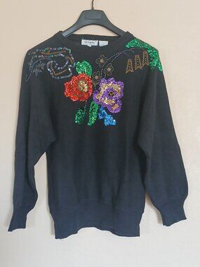 Vintage JJ. Fargo Black Sweater with Floral Sequins Women's Large